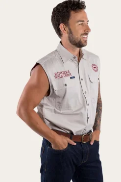 Hawkeye Mens Sleeveless Work Shirt - Beige/Dark Red