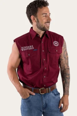 Hawkeye Mens Sleeveless Work Shirt - Burgundy/White