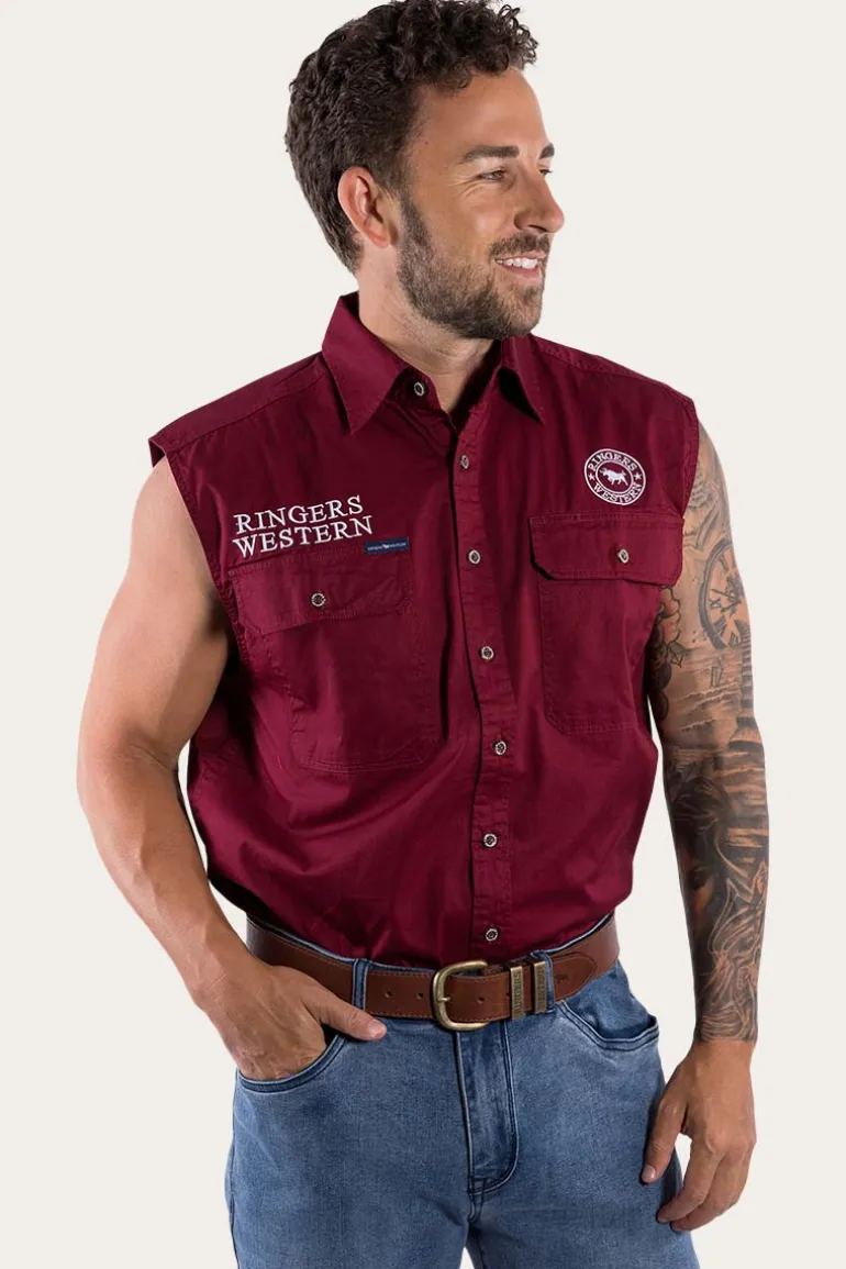 Hawkeye Mens Sleeveless Work Shirt - Burgundy/White
