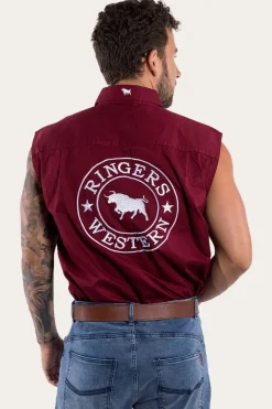 Hawkeye Mens Sleeveless Work Shirt - Burgundy/White