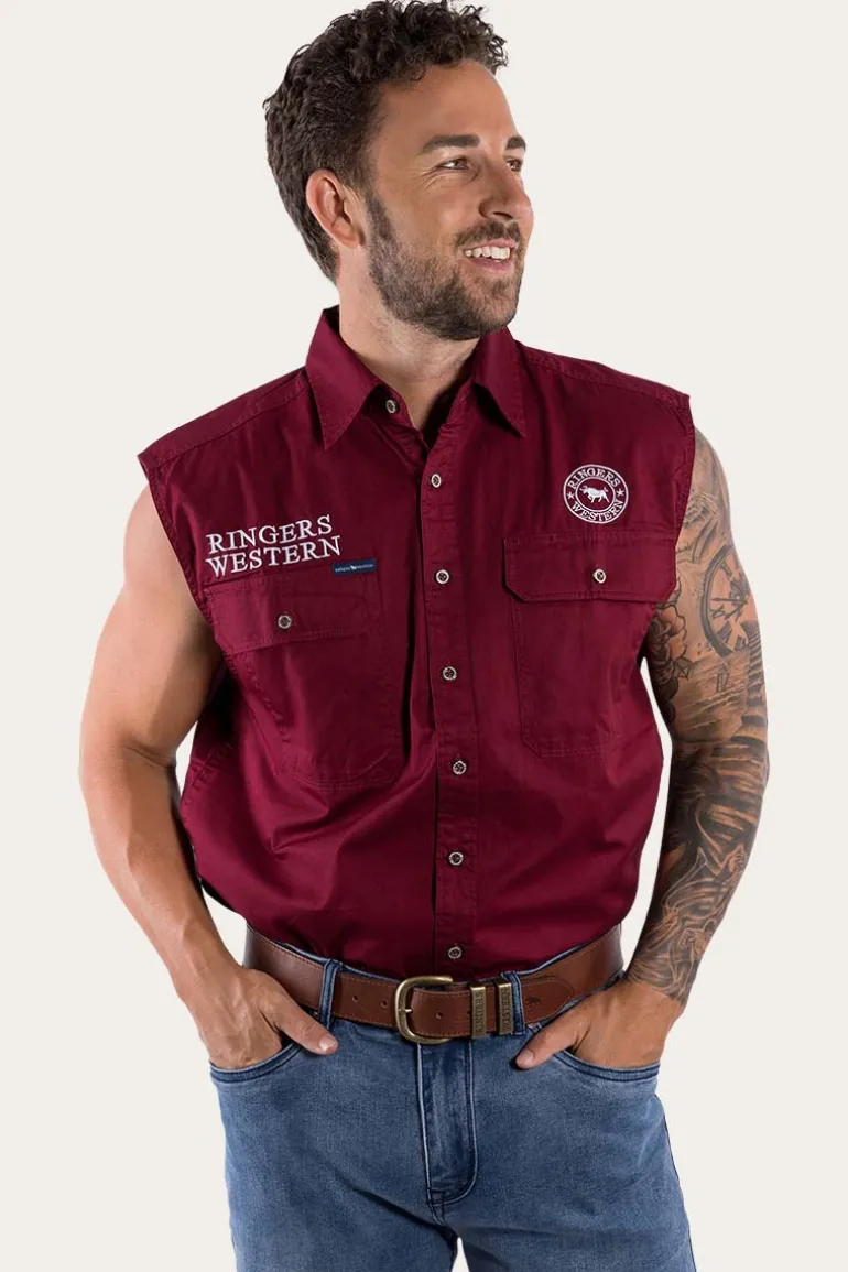 Hawkeye Mens Sleeveless Work Shirt - Burgundy/White