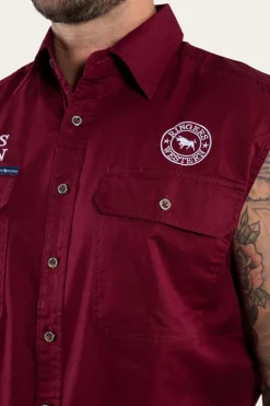 Hawkeye Mens Sleeveless Work Shirt - Burgundy/White