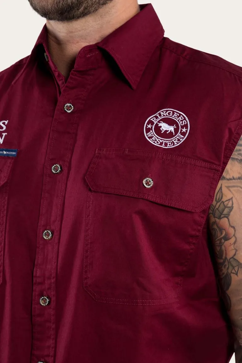Hawkeye Mens Sleeveless Work Shirt - Burgundy/White