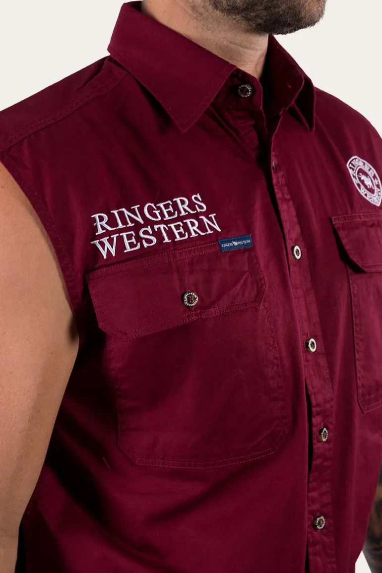 Hawkeye Mens Sleeveless Work Shirt - Burgundy/White