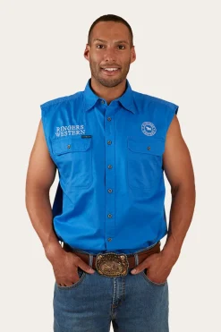 Hawkeye Mens Sleeveless Work Shirt - Blue/White