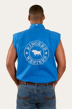 Hawkeye Mens Sleeveless Work Shirt - Blue/White