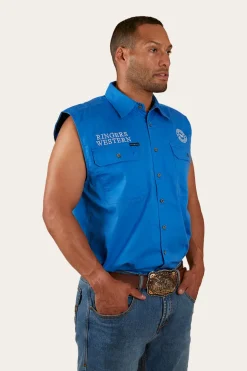 Hawkeye Mens Sleeveless Work Shirt - Blue/White
