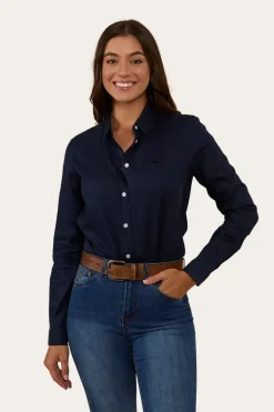 Hayley Womens Relaxed Linen Dress Shirt - Navy