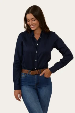 Hayley Womens Relaxed Linen Dress Shirt - Navy