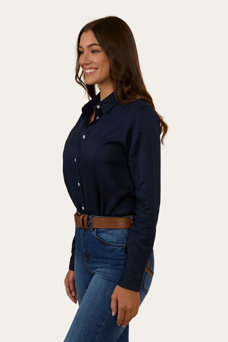 Hayley Womens Relaxed Linen Dress Shirt - Navy