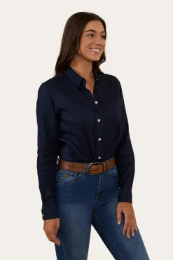 Hayley Womens Relaxed Linen Dress Shirt - Navy