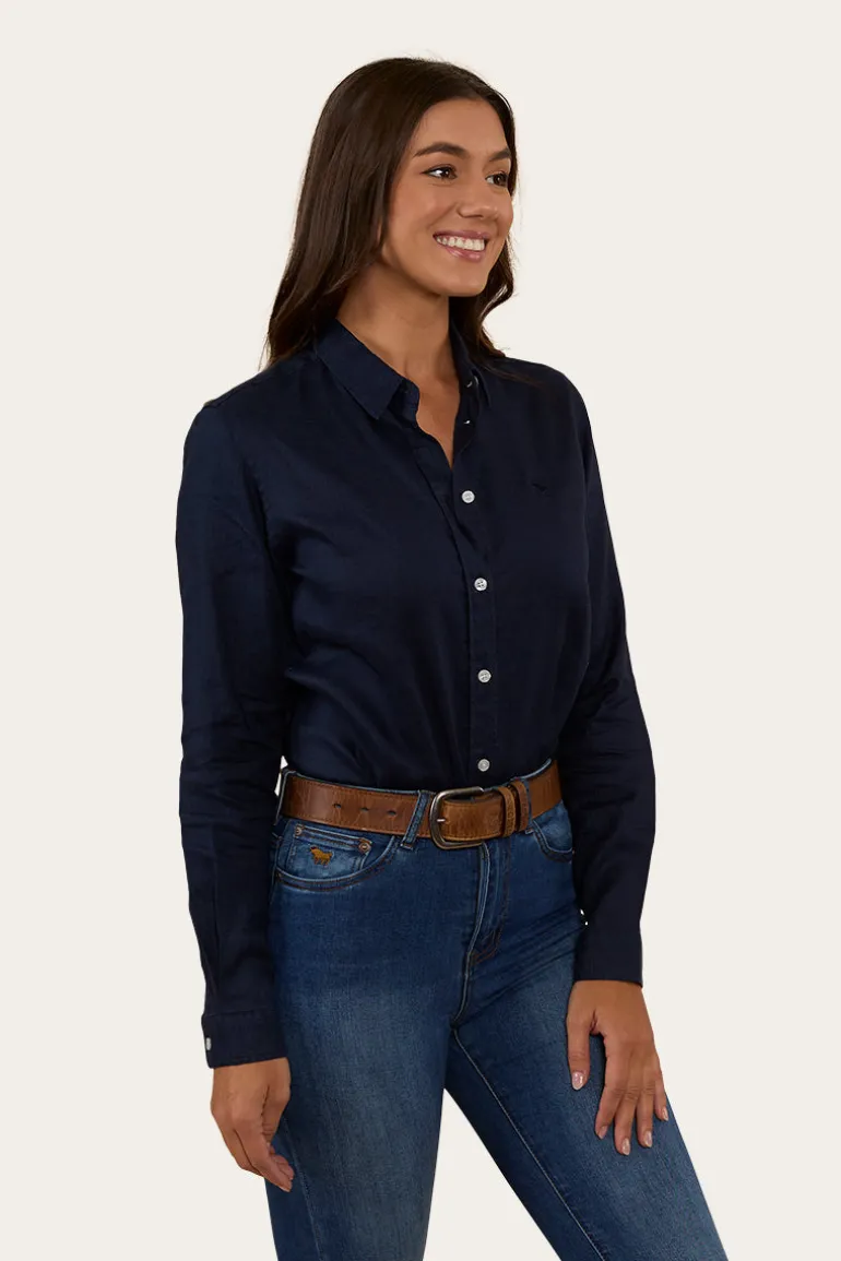 Hayley Womens Relaxed Linen Dress Shirt - Navy