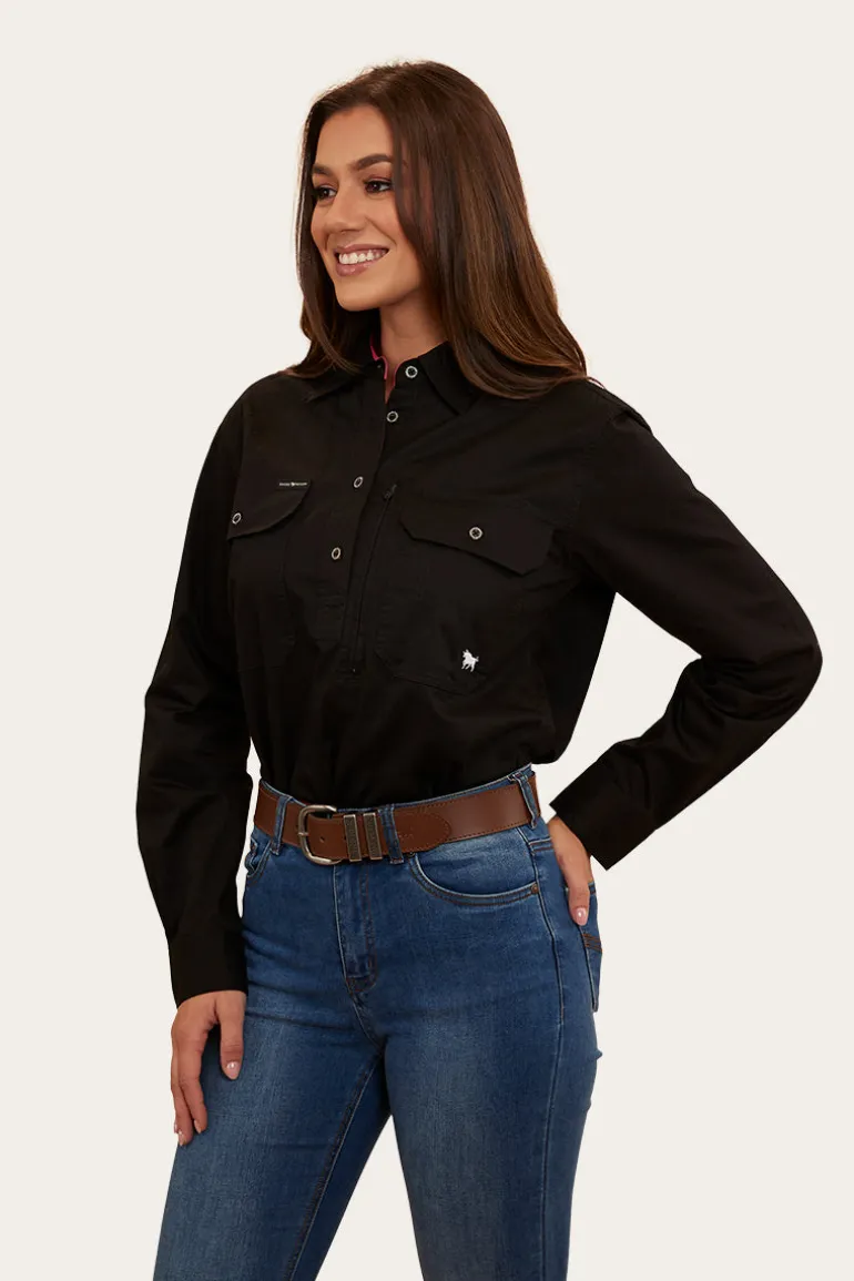 Herefords Womens Half Button Work Shirt - Black/Melon