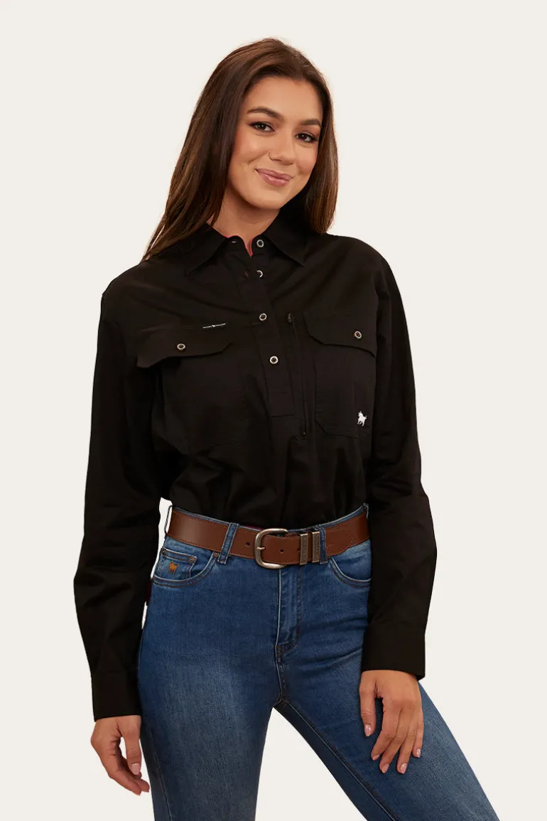 Herefords Womens Half Button Work Shirt - Black/Melon
