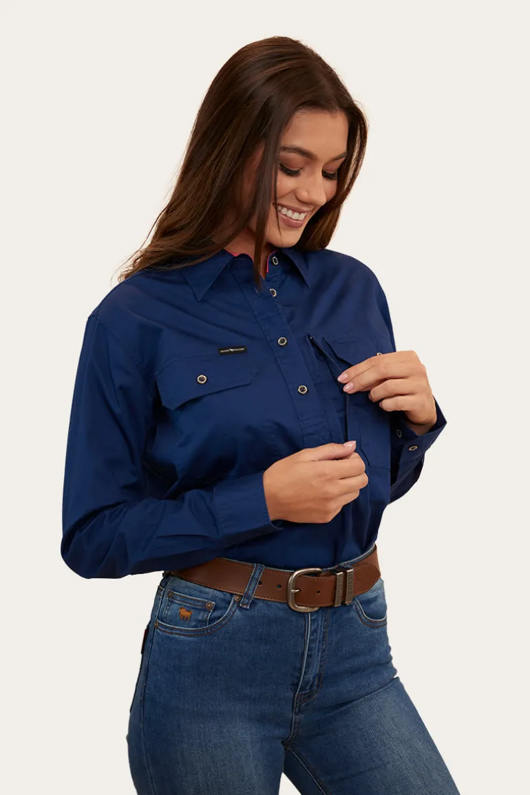 Herefords Womens Half Button Work Shirt - Navy/Melon