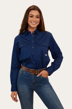 Herefords Womens Half Button Work Shirt - Navy/Melon
