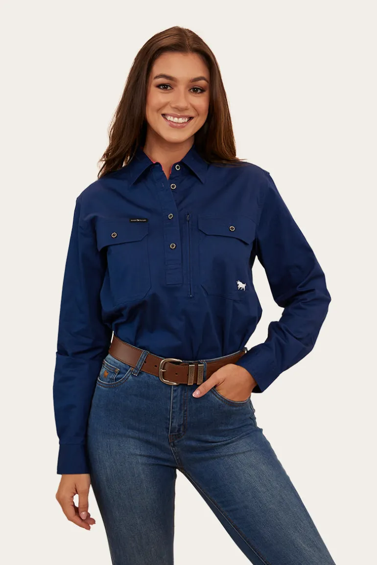 Herefords Womens Half Button Work Shirt - Navy/Melon