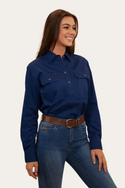 Herefords Womens Half Button Work Shirt - Navy/Melon