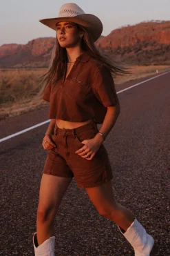 Iris Womens Denim Top - Saddle Brown