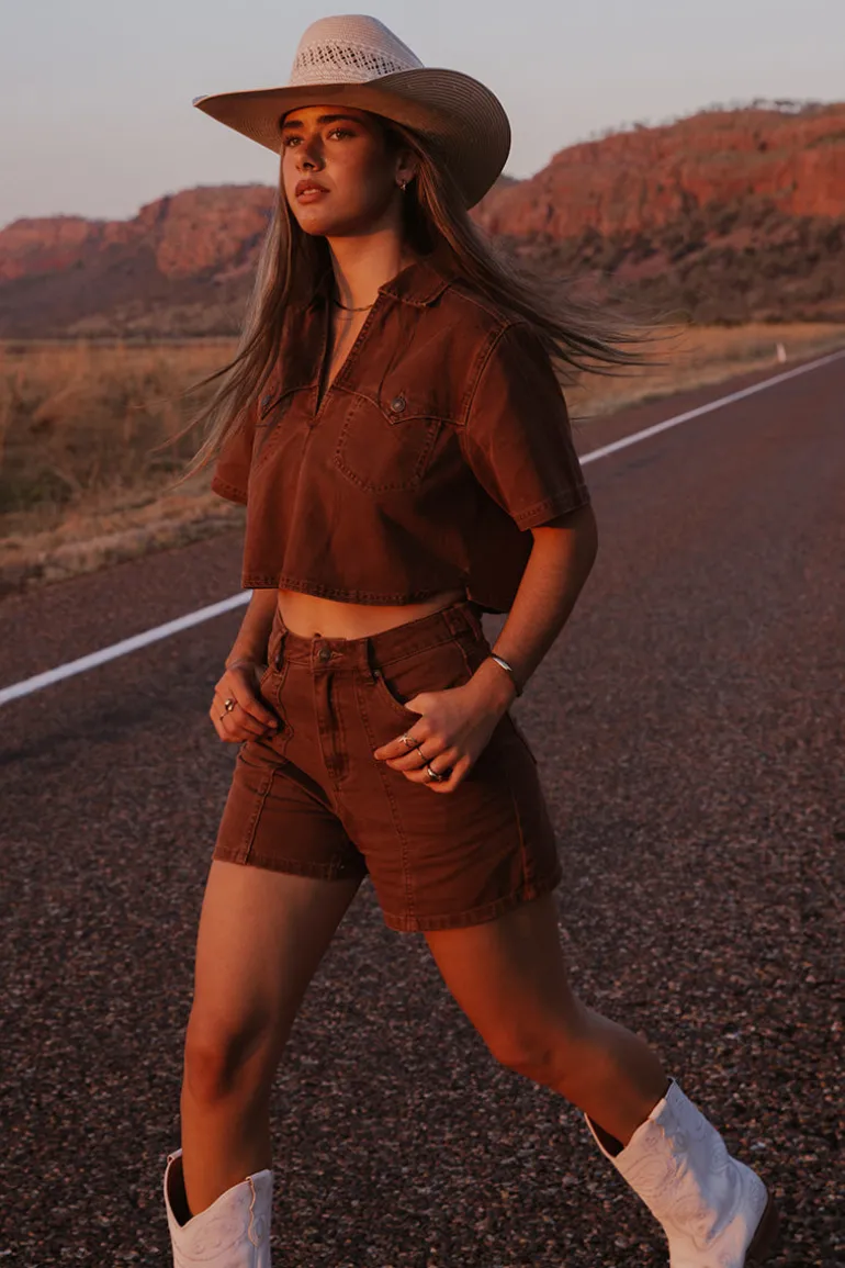Iris Womens Denim Top - Saddle Brown
