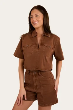 Iris Womens Denim Top - Saddle Brown