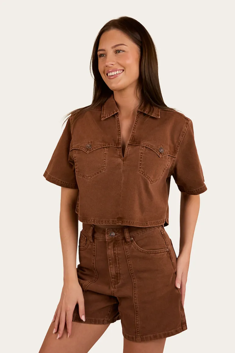 Iris Womens Denim Top - Saddle Brown