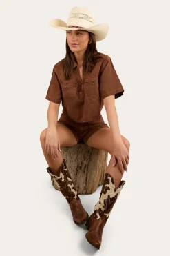 Iris Womens Denim Top - Saddle Brown