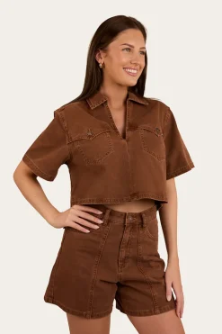 Iris Womens Denim Top - Saddle Brown