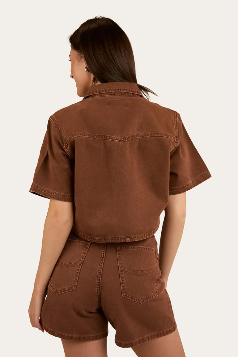 Iris Womens Denim Top - Saddle Brown
