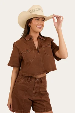 Iris Womens Denim Top - Saddle Brown