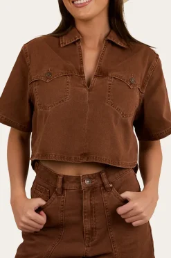 Iris Womens Denim Top - Saddle Brown