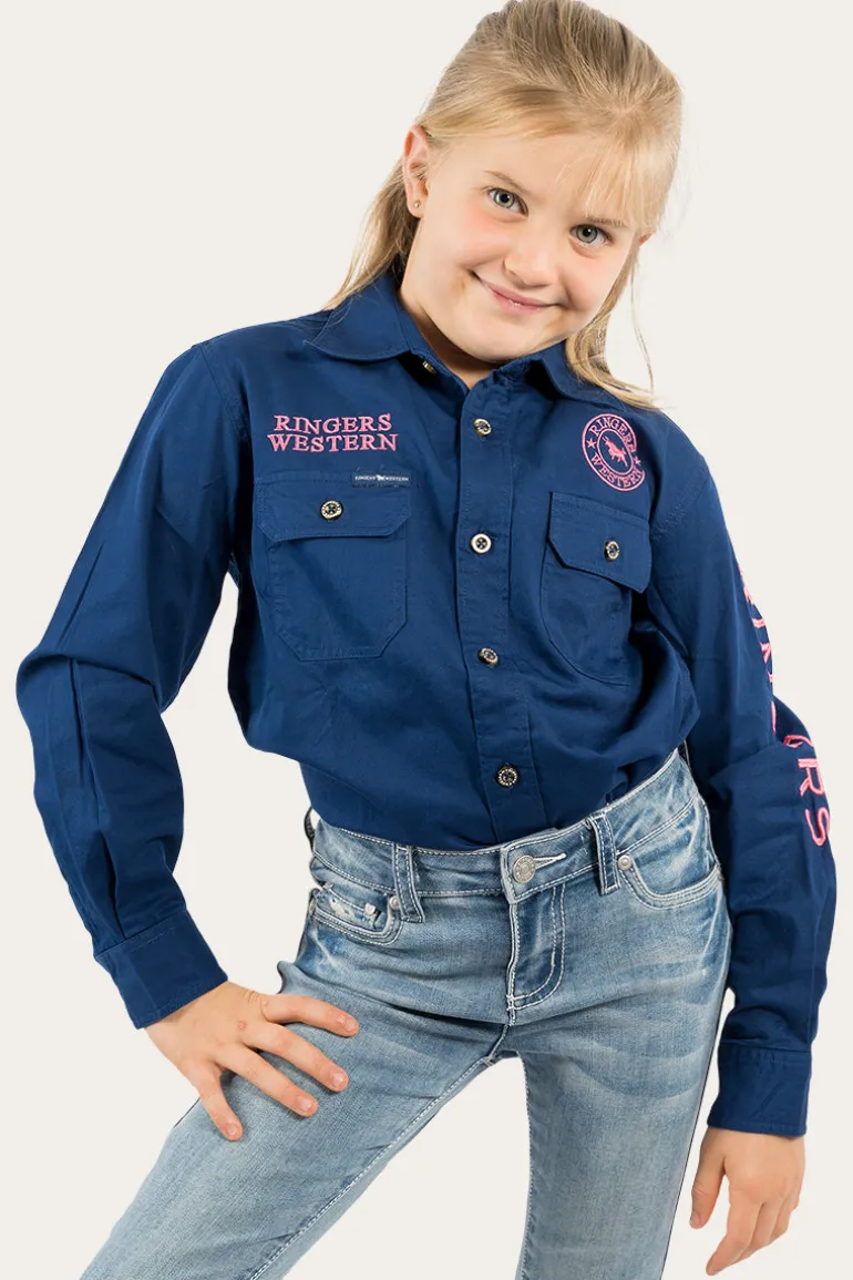 Jackaroo Kids Full Button Work Shirt - Navy/Melon