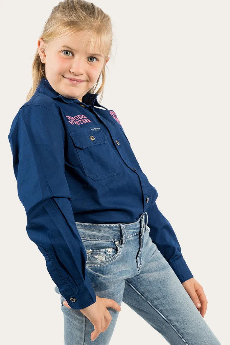 Jackaroo Kids Full Button Work Shirt - Navy/Melon