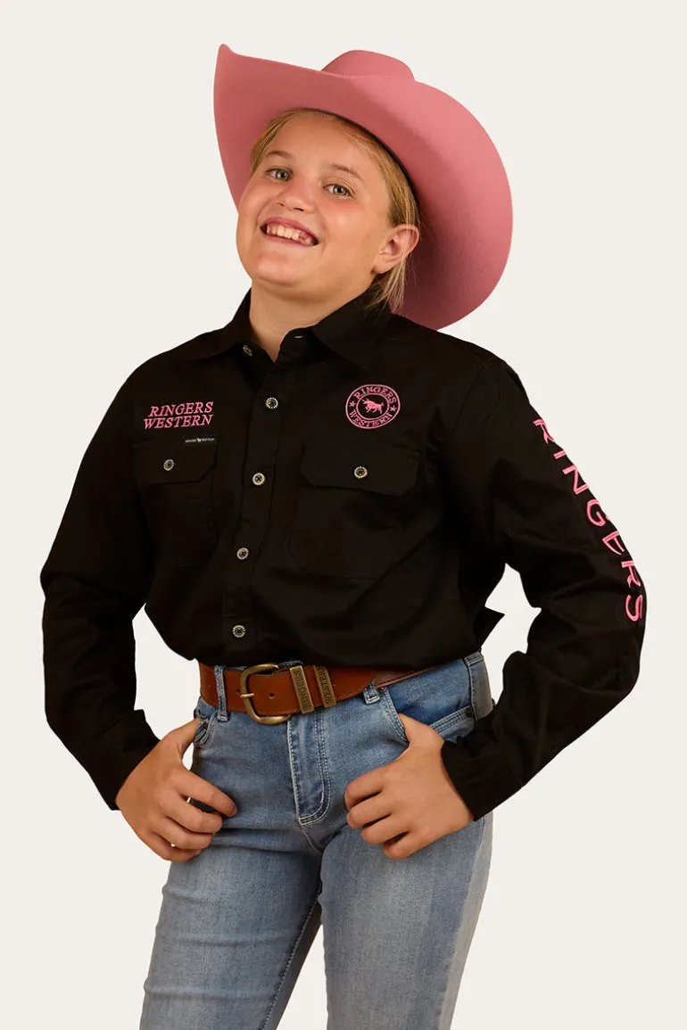 Jackaroo Kids Full Button Work Shirt - Black/Melon