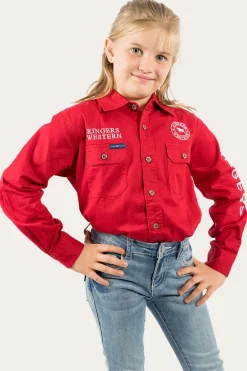 Jackaroo Kids Full Button Work Shirt - Dark Red/White
