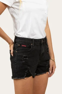 Jessie Womens Mid Rise Ripped Denim Short - Black