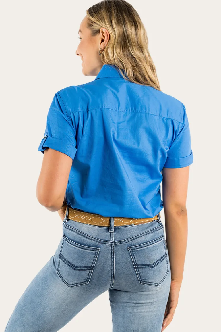 Jules Womens Full Button Short Sleeve Work Shirt - Blue