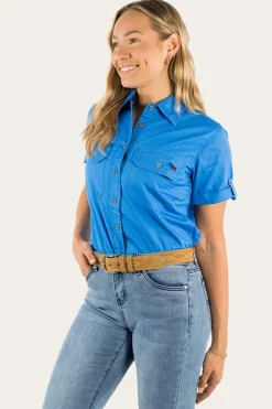 Jules Womens Full Button Short Sleeve Work Shirt - Blue