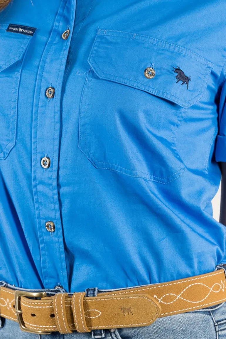 Jules Womens Full Button Short Sleeve Work Shirt - Blue