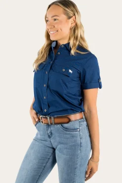 Jules Womens Full Button Short Sleeve Work Shirt - Navy