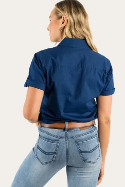 Jules Womens Full Button Short Sleeve Work Shirt - Navy