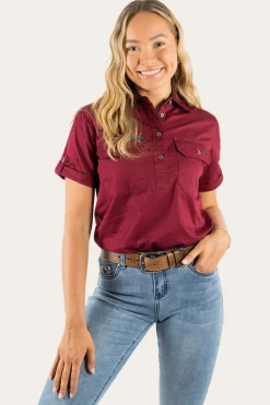 Jules Womens Half Button Short Sleeve Work Shirt - Burgundy