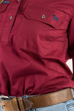 Jules Womens Half Button Short Sleeve Work Shirt - Burgundy