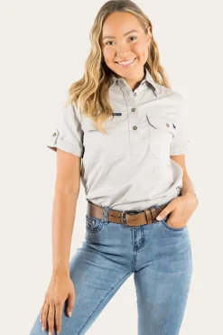 Jules Womens Half Button Short Sleeve Work Shirt - Beige