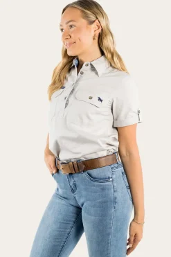 Jules Womens Half Button Short Sleeve Work Shirt - Beige