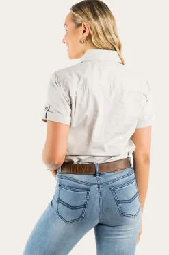 Jules Womens Half Button Short Sleeve Work Shirt - Beige
