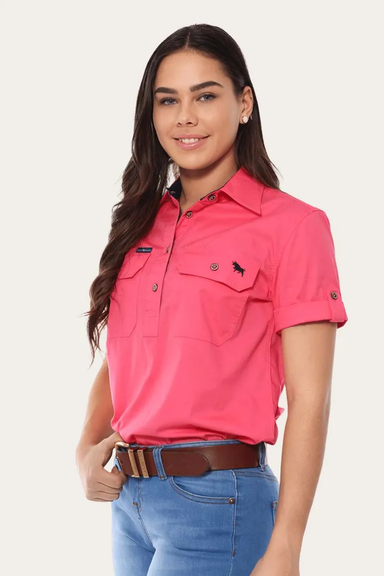 Jules Womens Half Button Short Sleeve Work Shirt - Melon