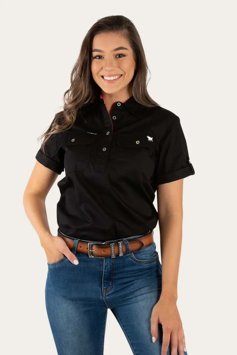 Jules Womens Half Button Short Sleeve Work Shirt - Black/Melon