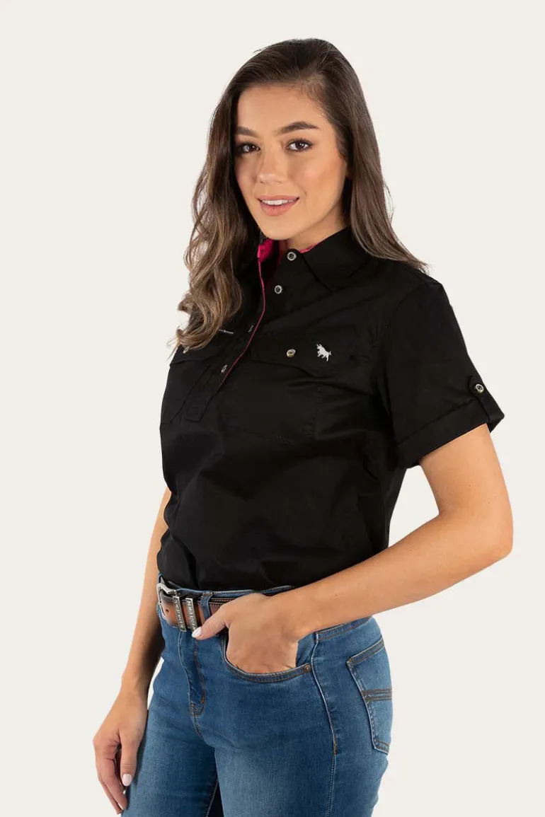 Jules Womens Half Button Short Sleeve Work Shirt - Black/Melon