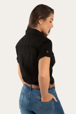 Jules Womens Half Button Short Sleeve Work Shirt - Black/Melon